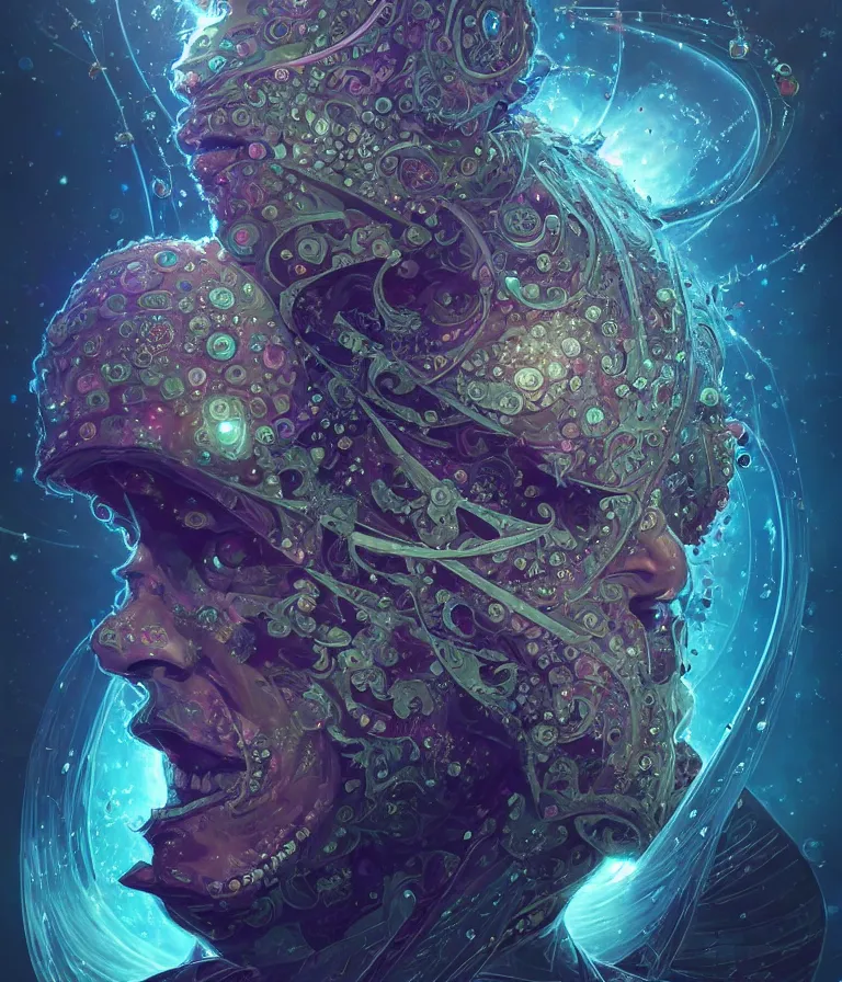 Image similar to front!!! shot of a court jester!!! character, mesmerizing fractal hypercubes, dark holography!!!, future, oil slick nebula, crystalline edges, (((intricate))), elegant, highly detailed, centered, (((artstation, concept art, smooth, sharp focus, artgerm, Tomasz Alen Kopera, Peter Mohrbacher, donato giancola, Joseph Christian Leyendecker, WLOP, Boris Vallejo))), ((raytracing)), mugshot!!!!!, ugly!!!!!!, octane render, nvidia raytracing demo, octane render, nvidia raytracing demo, octane render, nvidia raytracing demo, grainy, muted, 8K, digitalblasphemy, metatron