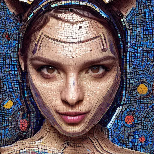 Prompt: mosaic portrait of a beautiful cute girl with robot ears by Saimir Strati, 4k, intricate details, digital, water