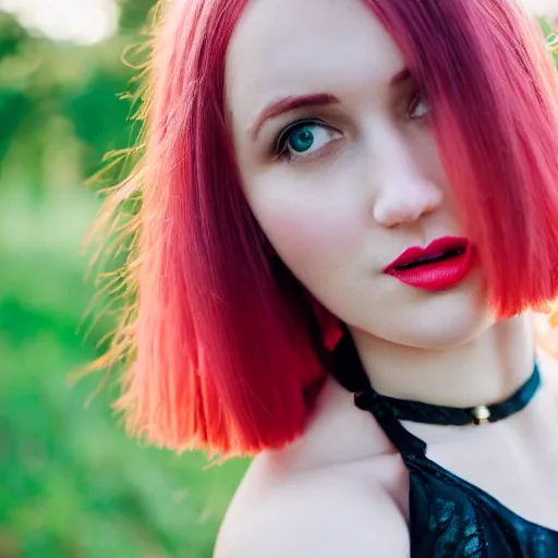 Prompt: Portrait of a cute young woman with short colored hair and a choker, portrait photography, cottagecore, upper body image, 35mm f/1.4, iso 100