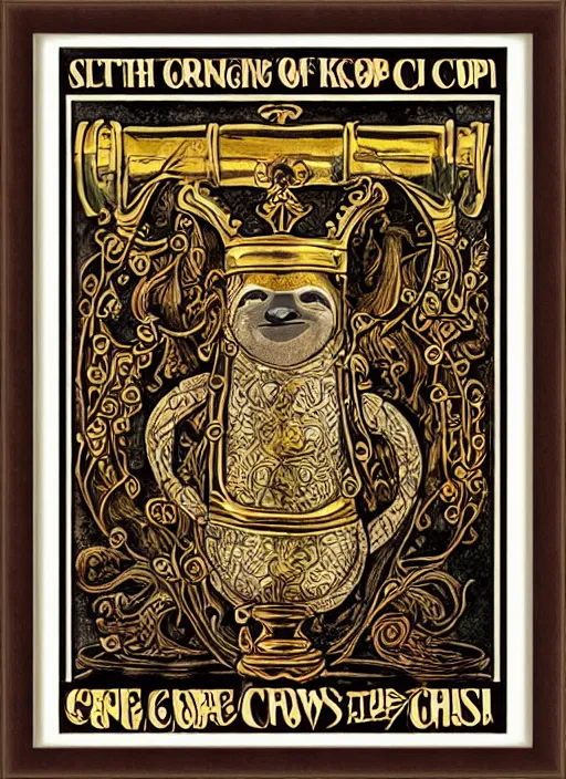 Image similar to sloth as the king of cups, copper cup, coper crown, poster framed, intricate details, medieval art style, high contrast, posterized