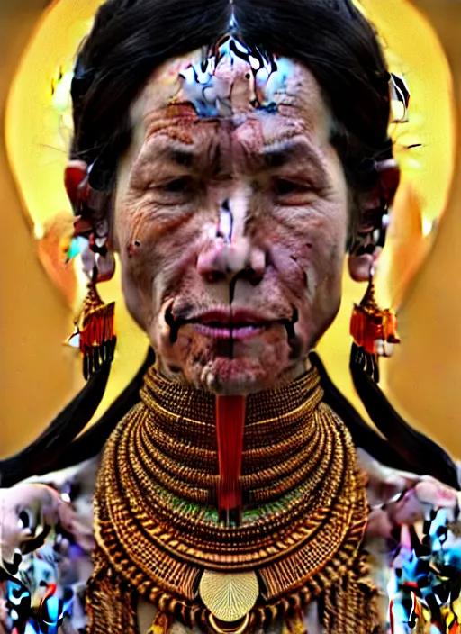 Prompt: portrait of catriona balfe as a kayan tribe woman with gold neck rings, hyper detailed ultra sharp trending on artstation, colorful, psychedelic, ornate, intricate, digital painting, concept art, smooth, sharp focus, illustration, art by artgerm and greg rutkowski and h. r. giger, 8 k