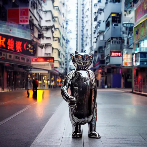 Prompt: a t - 1 0 0 0 cat made of liquid metal walking in the streets of hong kong and hugging a man, volumetric lighting, sharp focus, ultra detailed, cgsociety - w 1 0 2 4 - n 8 - i