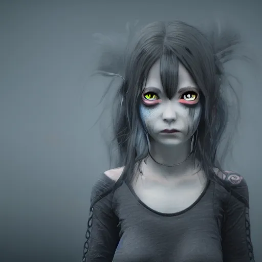 Image similar to photorealistic full shot portrait of angry darkness anime girl, inspired by tim burton, detailed, unreal engine 4 k, volumetric light, fog