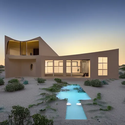 Prompt: A house designed by Frank Lloyd Wring in the middle of the desert, photographed by Fernando Guerra, realistic, 4k, detailed