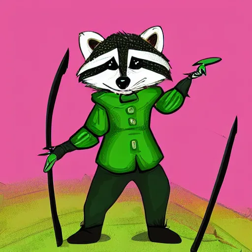 Image similar to digital art of a raccoon in a green rouge outfit duel wielding daggers