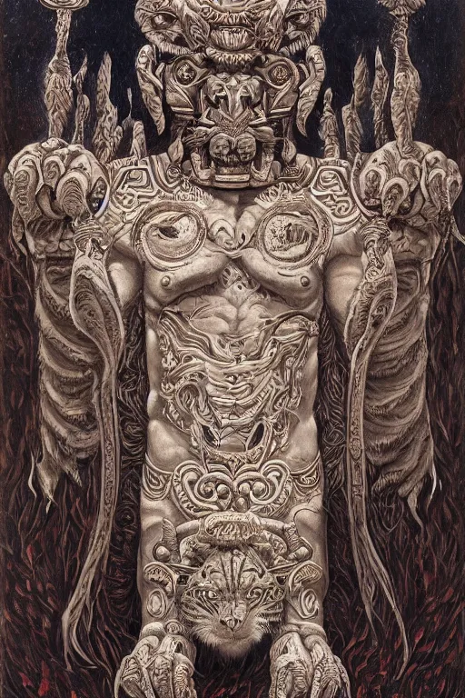 Prompt: a beautiful painting of full - body mayan jaguar warrior, wisdom, good and evil, white ink + magical + symmetrical + detailed intricate + heraldic design + atmosphere high details, in the style of jean delville, artstation, 8 k, 4 k, cinematic