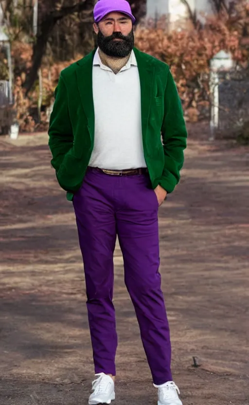 Prompt: a man of caucasian appearance with a chin - style dark brown beard without mustache in a black hat, green jacket, purple pants and white sneakers in full height, perfect face