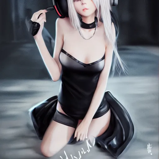 Image similar to realistic teasing detailed semirealism beautiful gorgeous cute Blackpink Lalisa Manoban white hair white cat ears blue eyes, wearing black camisole outfit, headphones, black leather choker full HD 4K high resolution quality WLOP, Aztodio, Taejune Kim, Guweiz, Pixiv, Instagram, Artstation