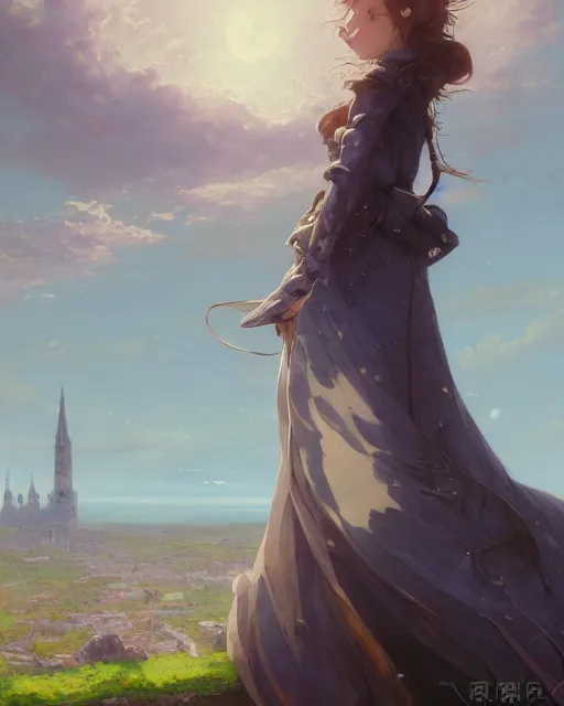 Prompt: over the shoulder landscape painting of violet evergarden, behind her is a distant old european city leiden from violet evergarden next to the reflecting ocean, ocean, sunshine, by Philipp A. Urlich and Pengzhen Zhang and Andreas Rocha and WLOP and Rossdraws, fantasy, intricate, elegant, highly detailed, digital painting, trending on artstation, blender, unreal engine 5, octane render, smooth, sharp focus, illustration