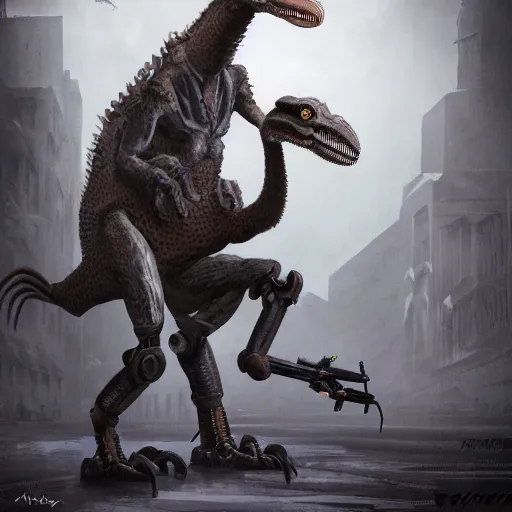 Image similar to a detailed matte painting of a cyborg velociraptor wearing a beret, in nazi occupied france, french resistance, 8 k, artstation, art in a noir crime novel style