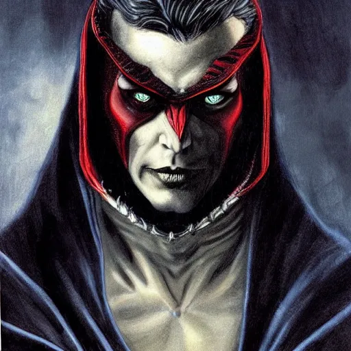 Prompt: portrait painting of a handsome vampire priest with red eyes, dark, intricate details, highly detailed, concept art. Art by Loran DeSore and Merwild and Tim Bradstreet and Josh Timbrook