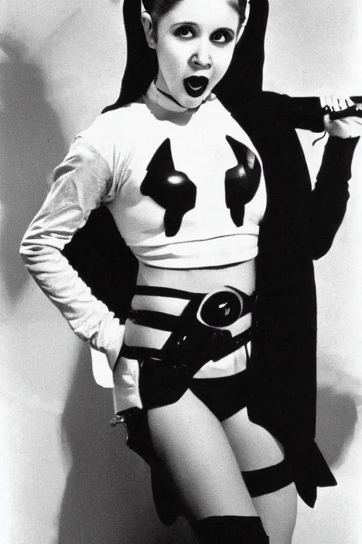 Prompt: young Carrie Fisher as Harley Quinn