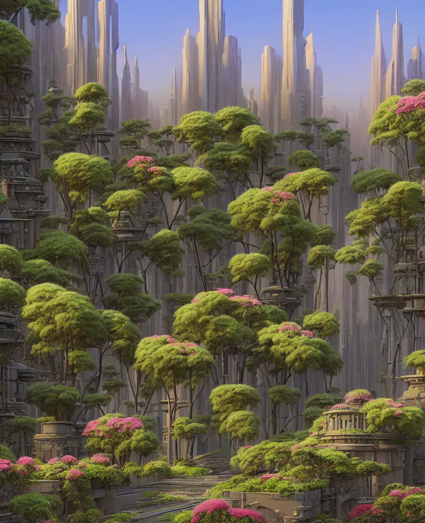 Image similar to reclaimed by nature by ralph mcquarrie inspired cityscape, highly detailed, flowers