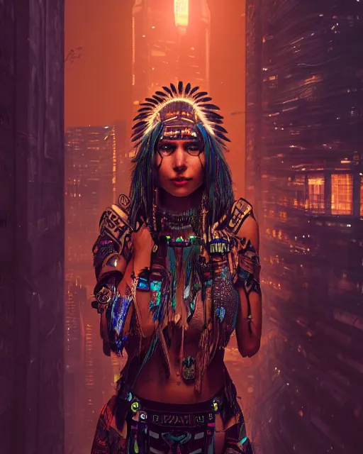 Prompt: Beautiful art portrait of a cyberpunk native american female owl shaman in a city at night, cyberpunk aesthetic, atmospheric lighting, intricate detail, cgsociety, hyperrealistic, octane render, RPG portrait, ambient light, dynamic lighting,
