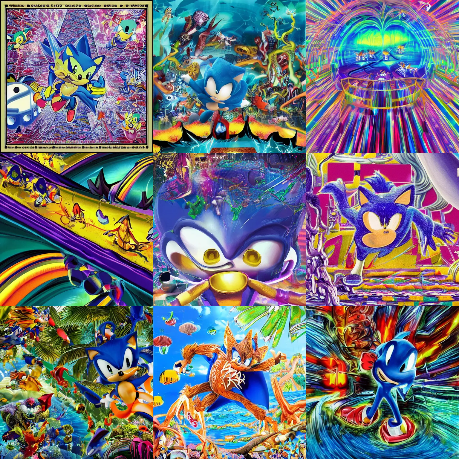 Prompt: surreal, sonic close up, sharp, detailed professional, high quality airbrush art MGMT album cover of a liquid dissolving LSD DMT blue sonic the hedgehog surfing through cyberspace, tropical ocean, purple checkerboard background, 1980s 1985 arcade video game album cover