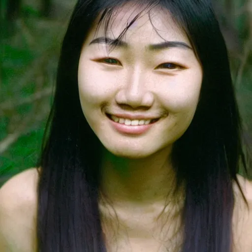 Prompt: a ultra high resolution close - up of asian woman from tai tribe in lush green forest. 1 8 years old. korean idol. photo from the front. cute and beautiful woman is smiling and has eye contact with the camera. face is clear and symetrical. the light is dim, and the colours are muted. kodak etkar 1 0 0.