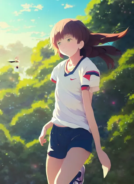 Prompt: portrait of cute high school runner girl, sunny sky background stadium landscape illustration concept art anime key visual trending pixiv fanbox by wlop and greg rutkowski and makoto shinkai and studio ghibli and kyoto animation symmetrical facial features short down hair sports clothing marathon race nike shirt