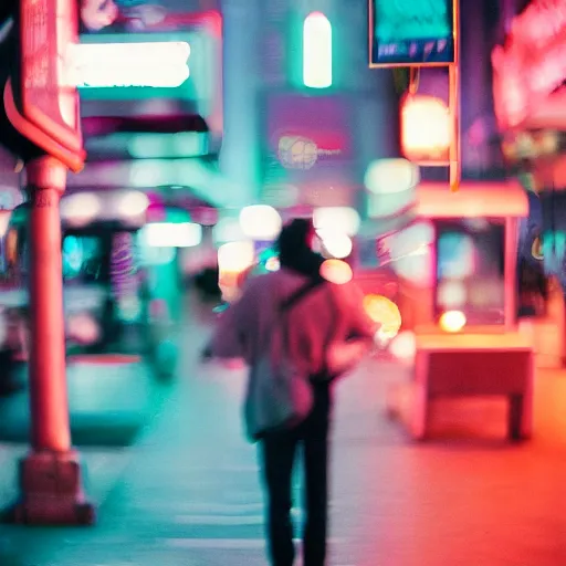 Prompt: portra 800 street photography, the subject is blurry because it's in motion, film portra photography neon signs