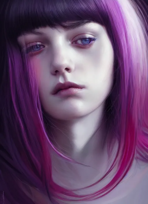 Image similar to portrait of teenage girl, red irises, bangs, black and white hair, white bangs, purple clothes, white bangs, two color hair, black hair and white bangs, intricate, elegant, glowing lights, highly detailed, digital painting, artstation, concept art, smooth, sharp focus, illustration, art by wlop, mars ravelo and greg rutkowski