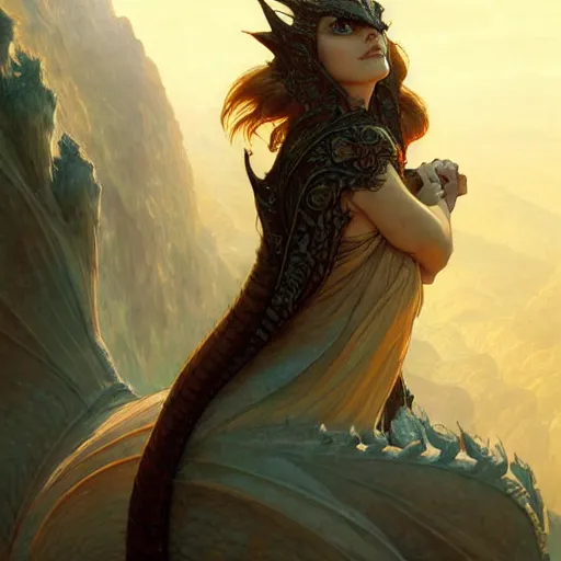 Image similar to portrait of a dragon watching the world underneath, mountains, d & d, fantasy, intricate, elegant, highly detailed, digital painting, artstation, concept art, smooth, sharp focus, illustration, art by artgerm and greg rutkowski and alphonse mucha