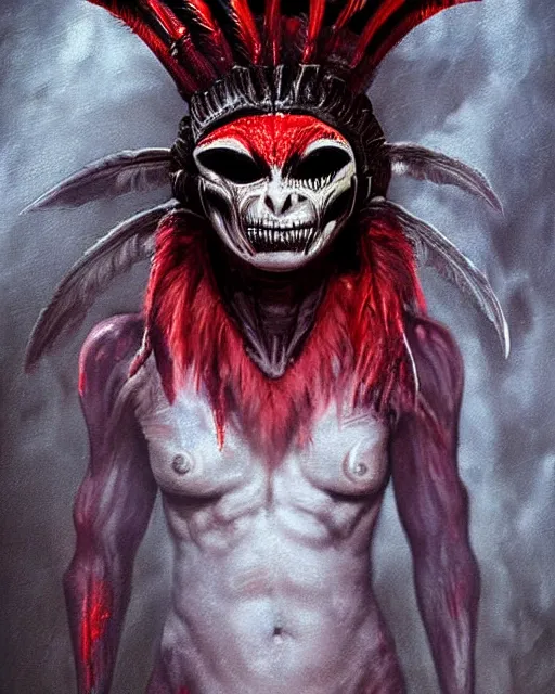 Image similar to xenomorph - human ghost - spirit of the grim - warpaint wears the scarlet skull armor and native blood headdress feathers, midnight fog - mist!, dark oil painting colors, realism, cinematic lighting, various refining methods, micro macro autofocus, ultra definition, award winning photo, photograph by ghostwave - gammell - giger - shadowlord