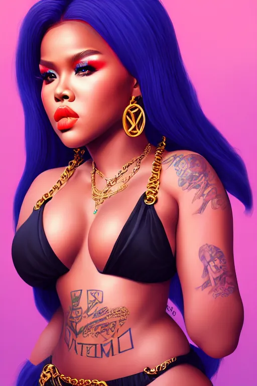 Image similar to portrait of young lil Kim rapper, Brooklyn background, highly detailed and rendered gold jewelry, digital art, intricate, sharp focus, Trending on Artstation, HQ, unreal engine 5, 4K UHD image, by brom, artgerm, face by Otto Schmidt