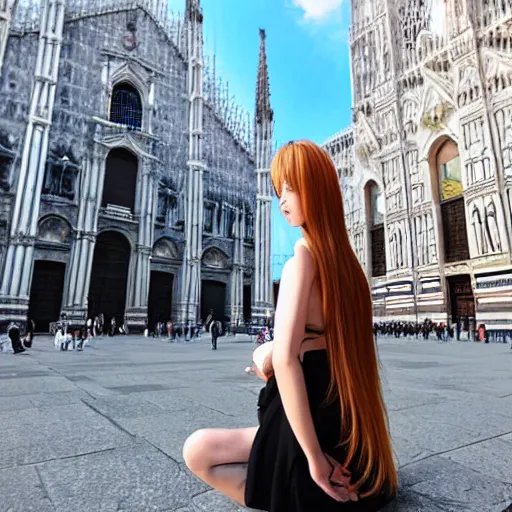 Image similar to “anime girl in front of the duomo cathedral in Milano, pixiv anime”