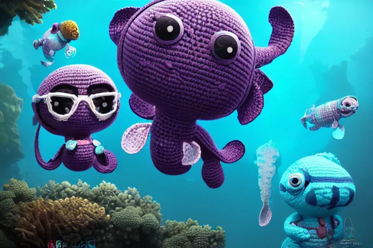 Prompt: an expedition of crochet scuba divers discovering a new animal underwater. cute, illustration, digital art, inspired by little big planet, by greg rutkowski, sharp, masterpiece, highly detailed, photorealistic, octane render, 8 k, unreal engine 5, trending on artstation, vivid colors