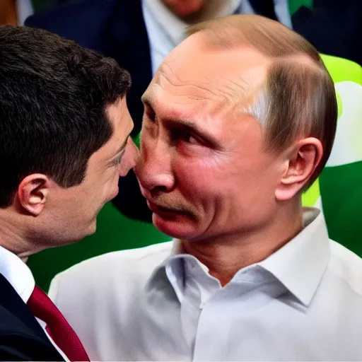 Image similar to Vladimir Putin kissing Zelensky ultra realistic