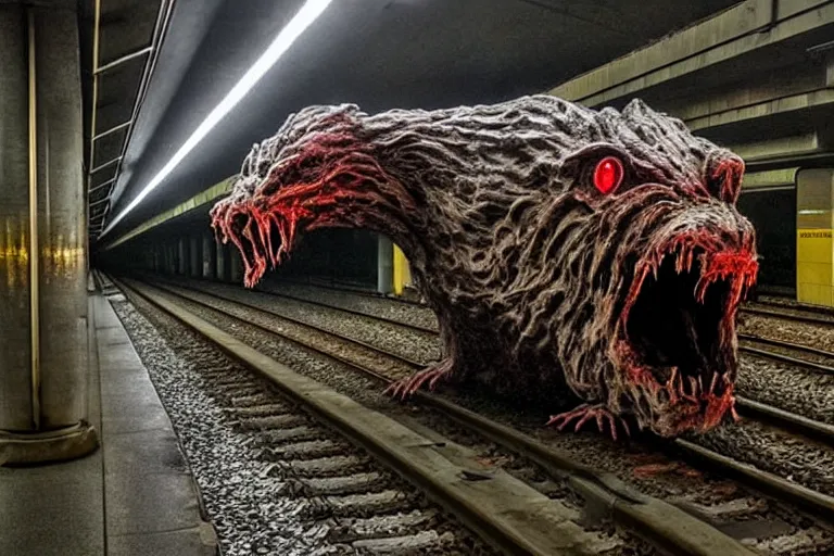 Image similar to very large giant mutant zombie irradiated ( angry rat ) staying on railways in tonnel of moscow subway. tonnel, railways, giant angry rat, furr, fangs, very realistic. extreme long shot, rusty colors, anish kapoor, ( herman nitsch, giger ).