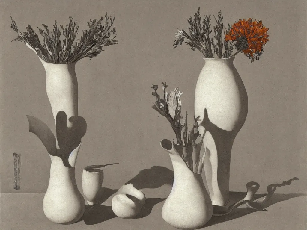 Image similar to Still life with white vase, ceramic pot, dried flower, hand holding a knife, absurd architectural model. Painting by Zurbaran, Karl Blossfeldt, Morandi, Escher