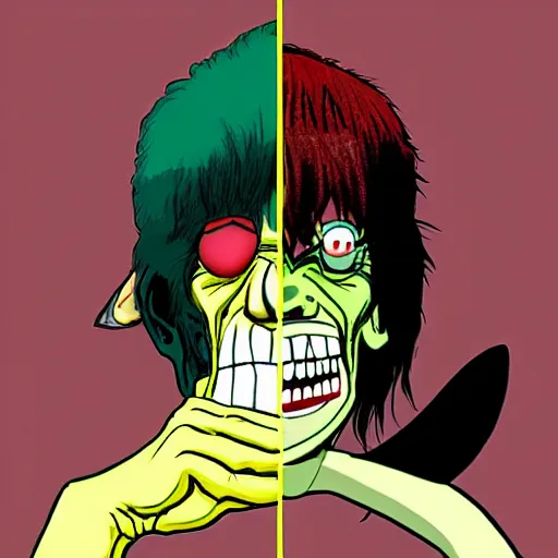 Prompt: Murdoc is based on Keith Richards of The Rolling Stones.sickly green colored skin, and yellow colored eyes, with a red pupil in his right eye. He also has a misshapen nose and sharp yellow teeth and a large grin. He has a black mop top that covers a portion of his face and hides his eyebrows, wearing a grey or black sweater and grey or blue jeans with cuban heel boots and an inverted cross necklace. He sometimes wears a purple and red cape