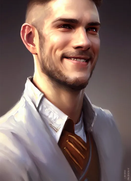 Image similar to a _ fantasy _ style _ portrait _ painting _ of white male short fringe light brown hair short head smiling clean shaven round face rpg dnd oil _ painting _ unreal _ 5 _ daz. _ rpg _ portrait _ extremely _ detailed _ artgerm _ greg _ rutkowski _ greg