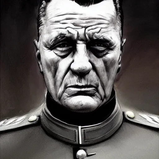 Prompt: holy protector marshal josip broz tito painfully mourning the death of yugoslavia, colourised, face portrait, epic, military art, fantasy, dieselpunk, hd shot, digital portrait, beautiful, artstation, comic style, by artgerm, guy denning, jakub rozalski, magali villeneuve and charlie bowater