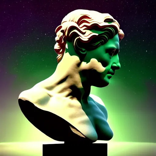 Prompt: 3 d sci - fi cgartist double exposure ambient occlusion rendering of a hyper realistic marble greek statuary bust floating in space, at the vast pulsating interdimensional fractal space portal at the psychedelic vaporwave ombre event horizon by chris moore, by edward hopper, by col price, trending on artstation