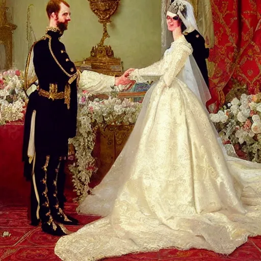 Image similar to painting of a royal wedding by Laurits Tuxen, highly detailed, fancy, high quality, oil painting, cinematic