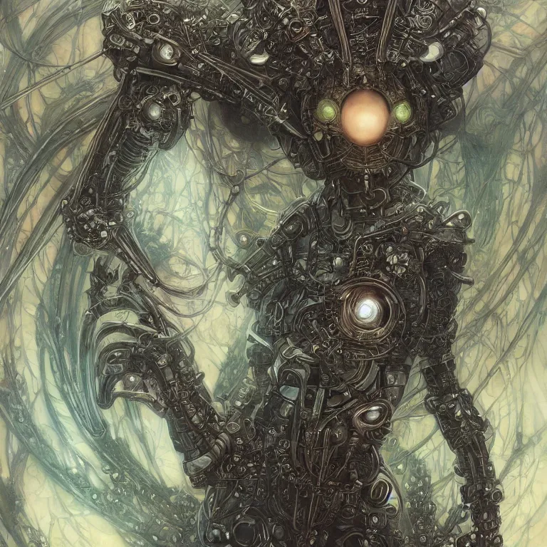 Prompt: ortrait of cool alien robot queen, symmetrical, by yoichi hatakenaka, juan gimenez, brom, karol bak, alphone mucha, gustave dore, takato yamamoto, james jean