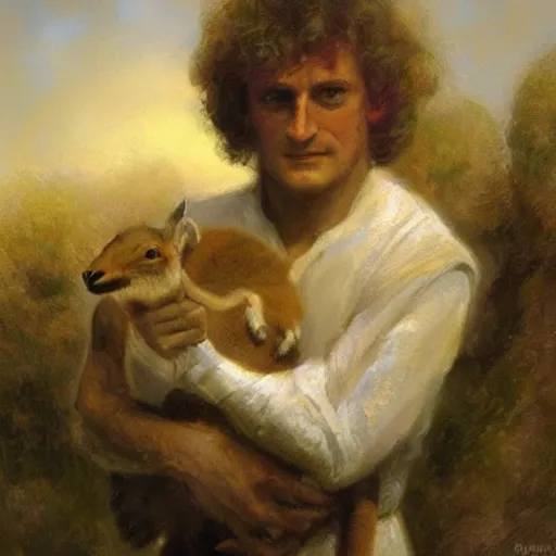 Prompt: portrait of isaac newton holding a baby kangaroo, artwork by gaston bussiere, craig mullins, trending on artstation