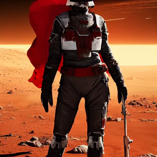 Image similar to a young female soldier wearing blood-spattered glossy sleek white dinged scuffed armor and a long torn red cape, heroic posture, determined expression, elegant, no helmet, on the surface of mars, dramatic lighting, cinematic, sci-fi, hyperrealistic, detailed