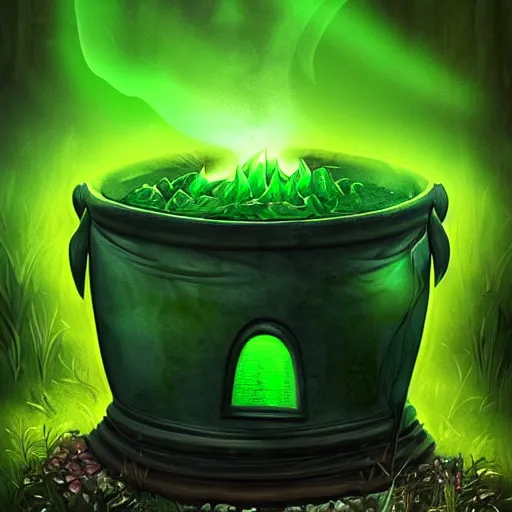 Image similar to a black cauldron filled with a magical green glowing liquid hanging above a campfire, night, fantasy, digital art, mysterious, realistic