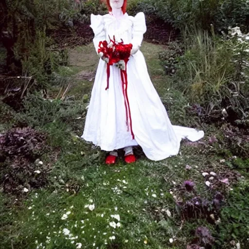 Prompt: brightly coloured folk horror scene with girl dressed in a white wedding dress, with red hair. a garden that seems haunted. it is twilight