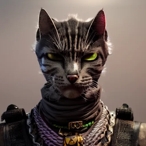 Prompt: cat as a mad max villain, concept art, octane render, unreal engine 5, highly detailed, high quality, 8 k, soft lighting, realistic face, path traced