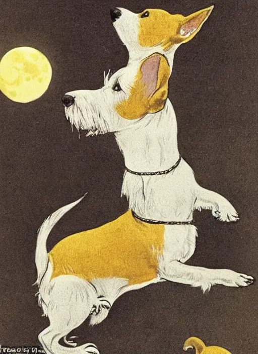 Prompt: candid portrait of a jack russel terrier howling up at the yellow moon, illustrated by peggy fortnum and beatrix potter and sir john tenniel