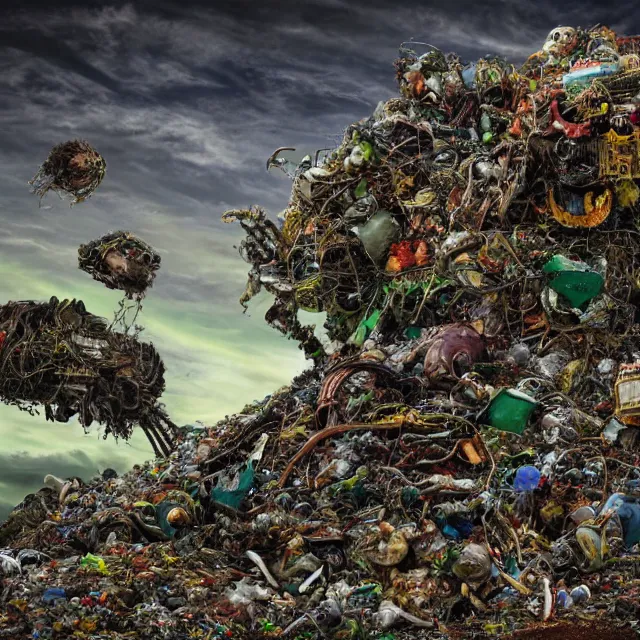 Prompt: a machine made of rubbish with long arms devours other rubbish and creatures in a giant rubbish heap full of strange and terrifying creatures, under a dark green sky in the distance, bones, corpses, monsters, hell, distorted, creepy, by dan seagrave, cinematic photography, cinematic, ue 5, realistic, sci - fi