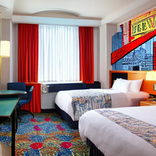 Image similar to photography of theme park hotel room themed to retro new york city motif. bed has new york city blankets. wall has new york city pattern. furniture has new york city motif. furniture is shaped like new york city. carpet has new york city subway map design. lighting has retro new york