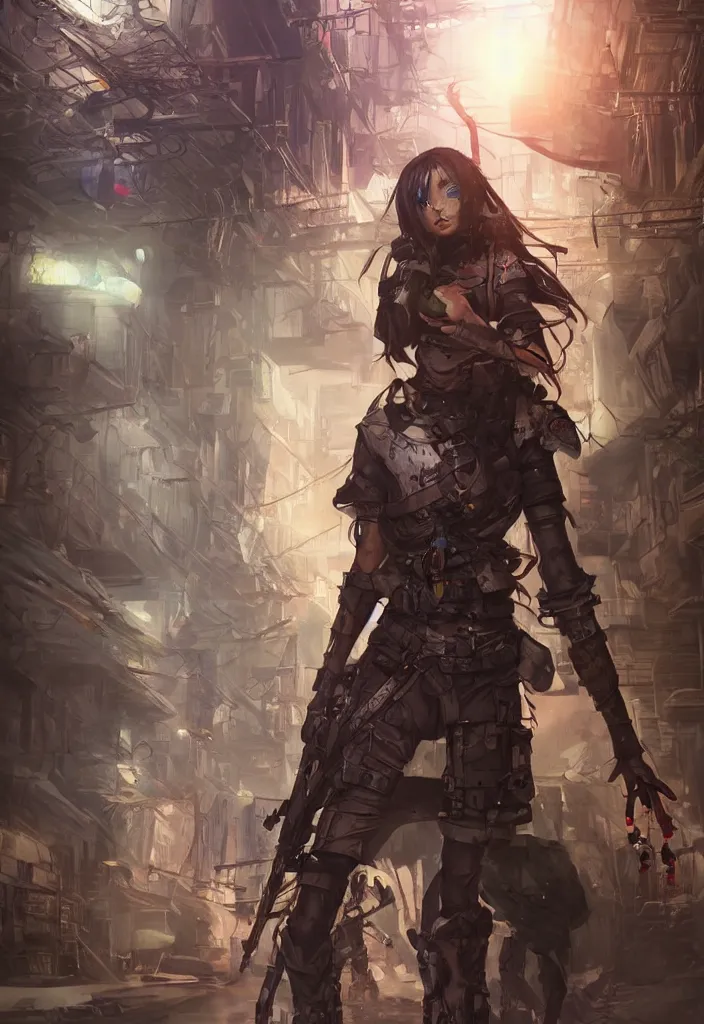 Prompt: Beautiful science fiction warrior princess full body portrait, set in post apocalyptic Tokyo alleyway, glorious sunlight, colors and shadows, D&D, fantasy, highly detailed, digital painting, artstation, concept art, sharp focus, illustration, in style of Artgerm and KyuYong Eom and Mansik Yang and WLOP and Greg Rutkowski and Paul Chadeisson
