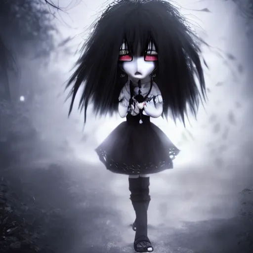 Prompt: photorealistic full shot portrait of kawaii angry darkness vampire anime girl, gothic clothing, worrying eyes, inspired by Tim Burton, detailed, unreal engine 4k volumetric light, fog,