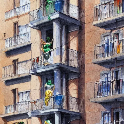 Prompt: detailed details some people tryin to fly from their apartement in the style of stephen bliss and alex ross, gouache and wash paints color, detailed details facial and body and human and environments and proportionate, detailed 5 k details.