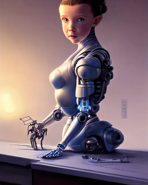Prompt: weta disney pixar movie still head and torso portrait photo of young millie bobby brown lying on a science fiction table with a white ponytail as thoughtful intricate detailed mechanical plastic cyborg girl by pixar, by weta, wlop, ilya kuvshinov, rossdraws, artgerm, latex, iridescent, bright morning, anime, liosh, mucha