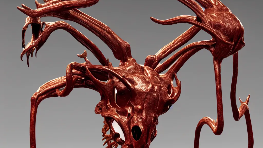 Prompt: stylized shiny polished silver statue full body bizarre extra limbs cosmic horror quadruped animal moose deer skull four legs made of creature tendrils perfect symmetrical body perfect symmetrical face hyper realistic hyper detailed by johannen voss by michelangelo octane render blender 8 k displayed in pure white studio room anatomical deep red arteries veins flesh animatronic